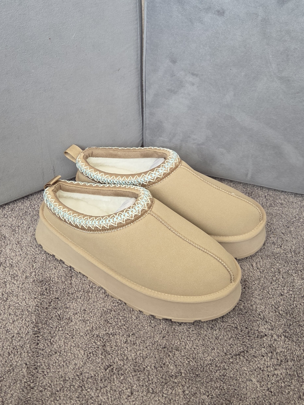 Plush-Lined Tan Slip-On Platform Clogs with Braided Trim, Sz9, NWT